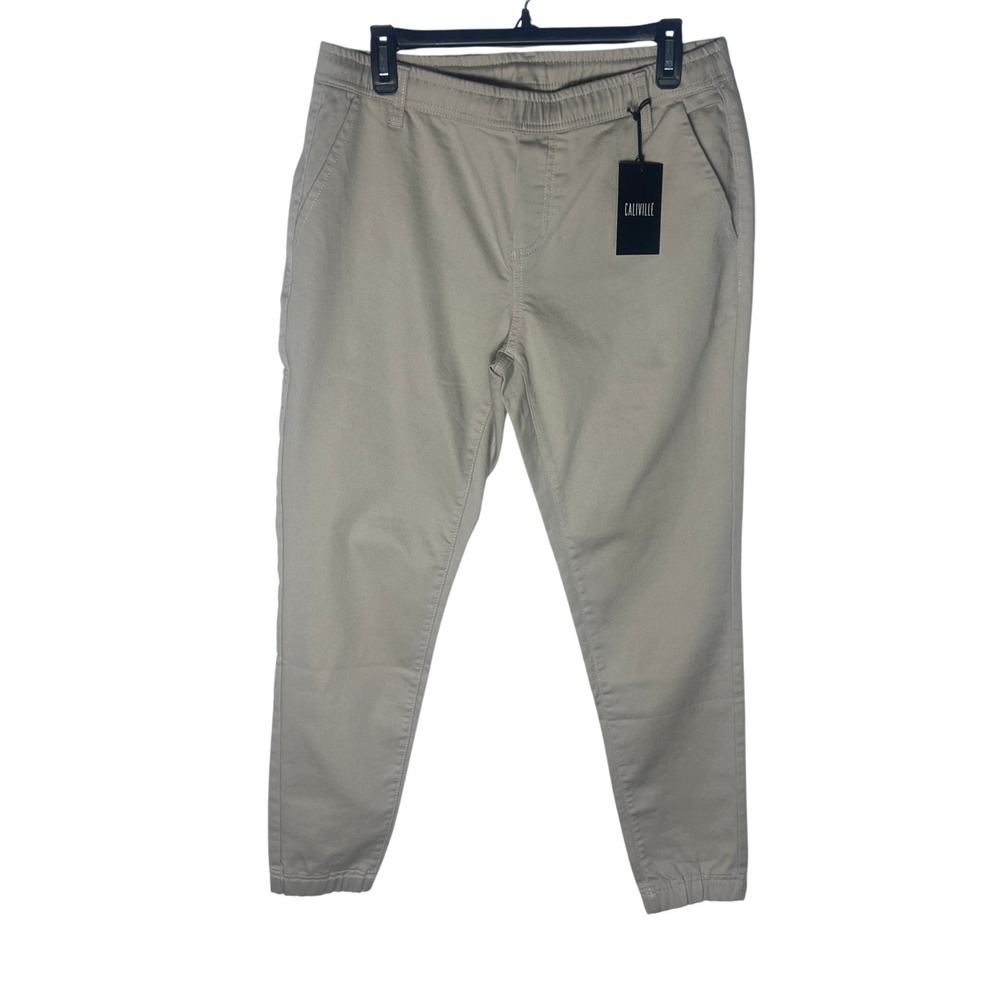 Caliville Men Khaki Tan Twill Jogger Pants Slim Tapered Elastic Waist Size L NEW